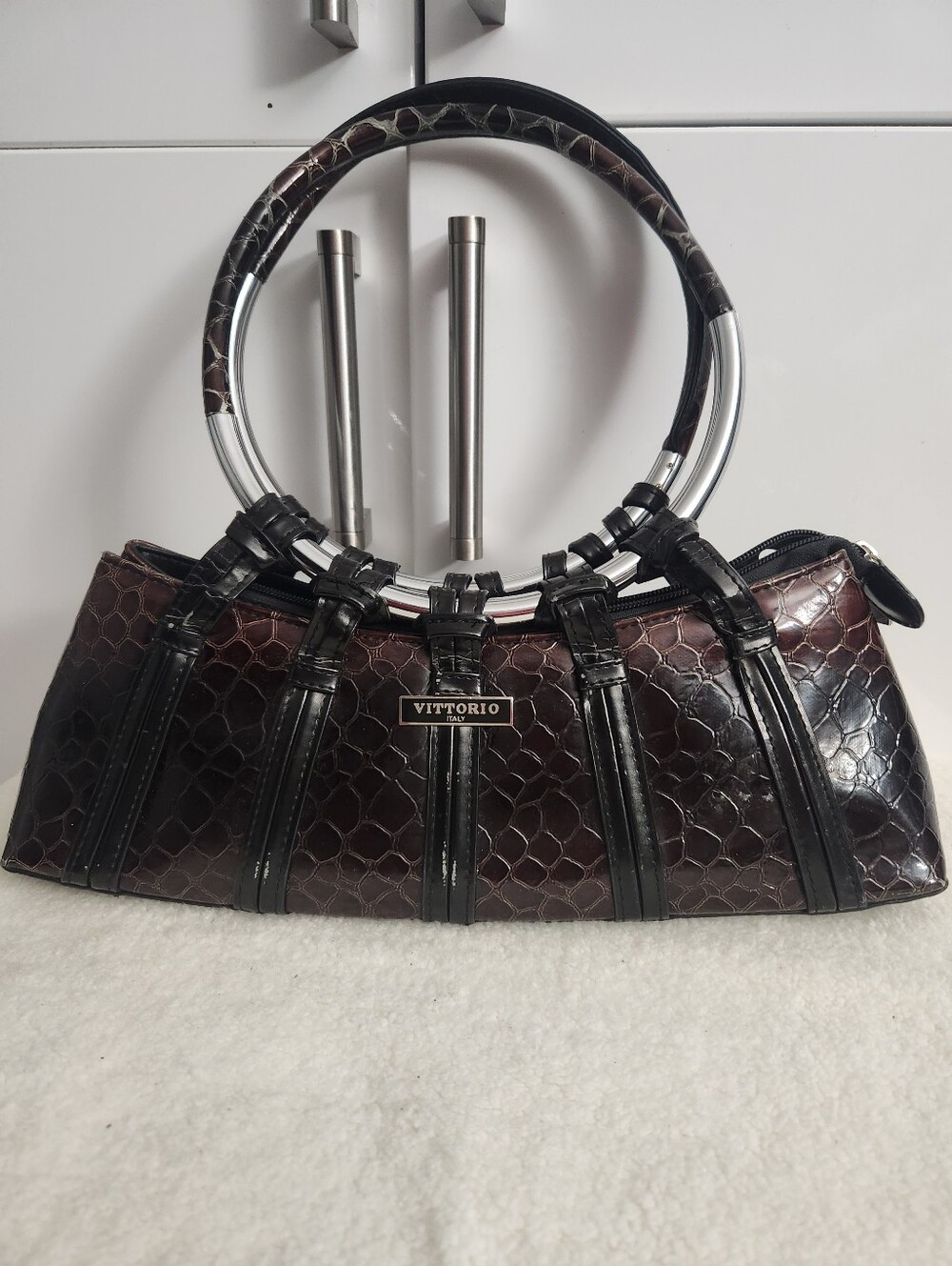 Vittorio Dark Brown Croc-Embossed Ring-Handle Handbag with Black Trim